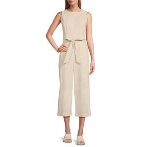 Preston & York NWT Billie Gingham Round Neck Sleeveless Tan White Jumpsuit